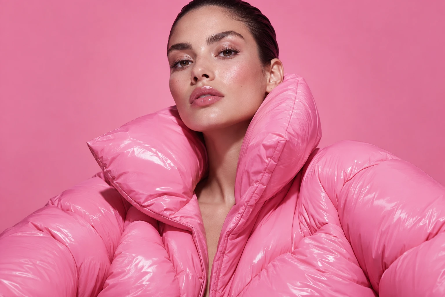 Fashion-портрет модели с выразительными бровями в розовом пуховике